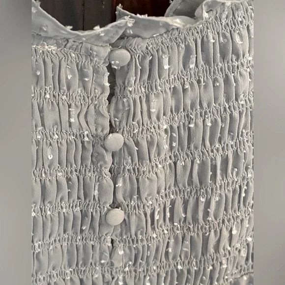 Love Riche Blue Gray Smocked Dress. Sheer Chiffon Long Sleeve Women’s Sz-L. EUC - Picture 7 of 9